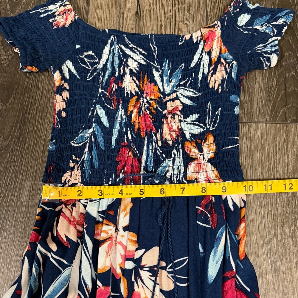 Band of Gypsies Boho Floral Off The Shoulder Smocked Maxi Dress Navy XS Summer - Picture 9 of 14